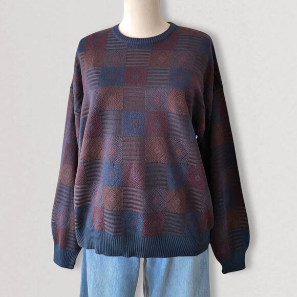 Wool Blend 90s Dark Academia Grandpa Sweater Artsy Geometric Jacquard Knit XL - Picture 8 of 10
